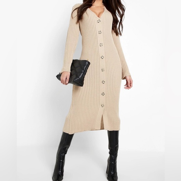 NWT Happily Grey Cream Ribbed Knit Button Accent Front Sweater Maxi Dress Ivory - Picture 11 of 14